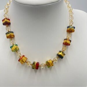 Uno Alla Volta Gold Toned Multi Colored Glass Bead Square Necklace with Box